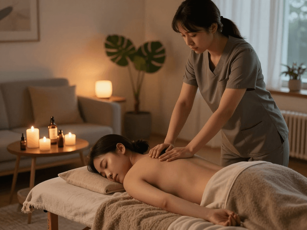 Relaxing 구리출장마사지 session in a cozy home setting with soft lighting.