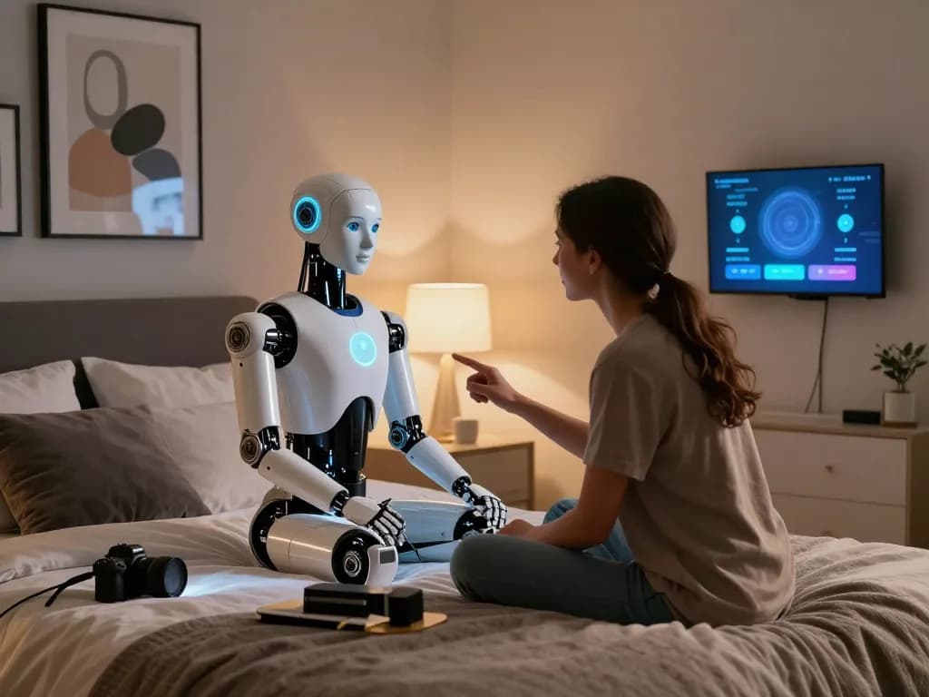Couple enjoying interaction with sex bot in modern bedroom setting, showcasing advanced AI features.