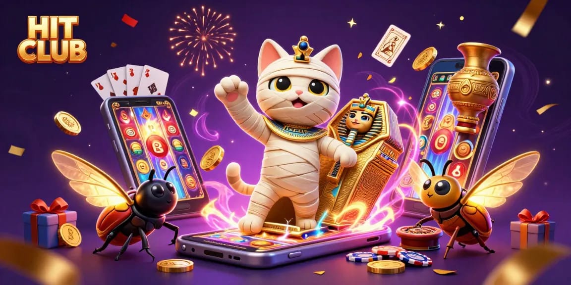 Engage with our HIT CLUB casino experience featuring a dynamic mummy cat and casino elements.