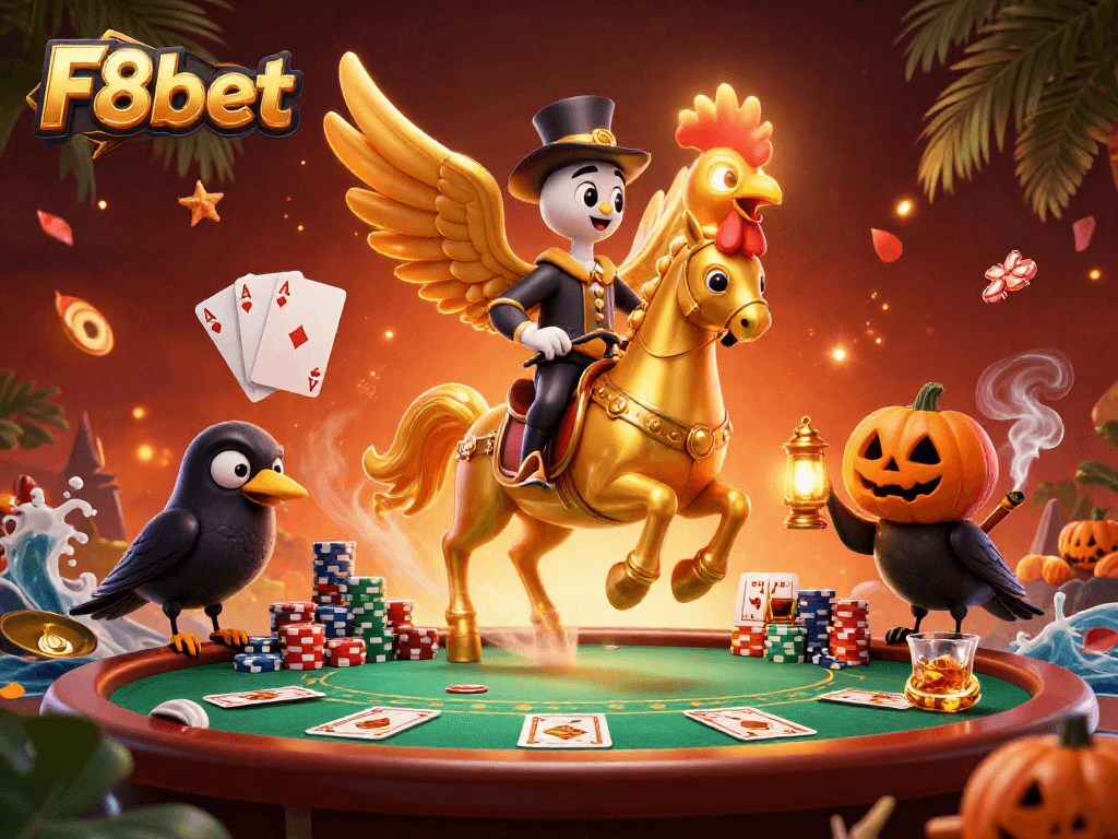 Join the excitement at F8bet with a golden rooster depicting a thrilling casino scene.