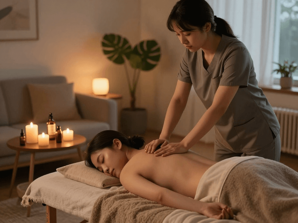 Relaxing 구리출장마사지 session in a cozy home setting with soft lighting.