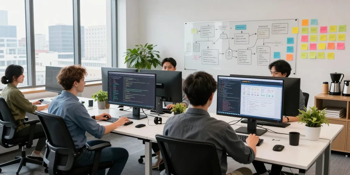 Collaboration at the WPS Official Website with tech professionals coding in a modern office.