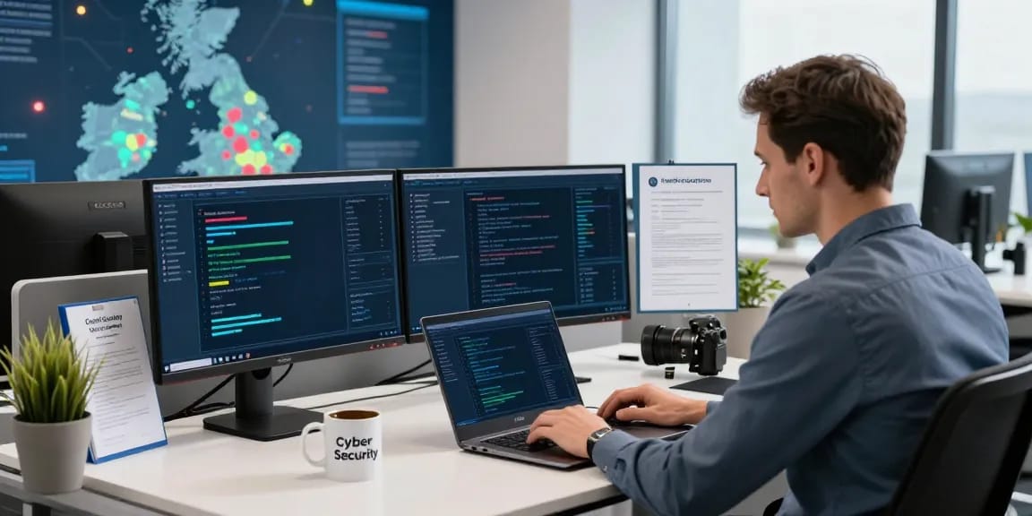 Cyber Essentials UK cybersecurity expert analyzing data on multiple screens in a modern workspace