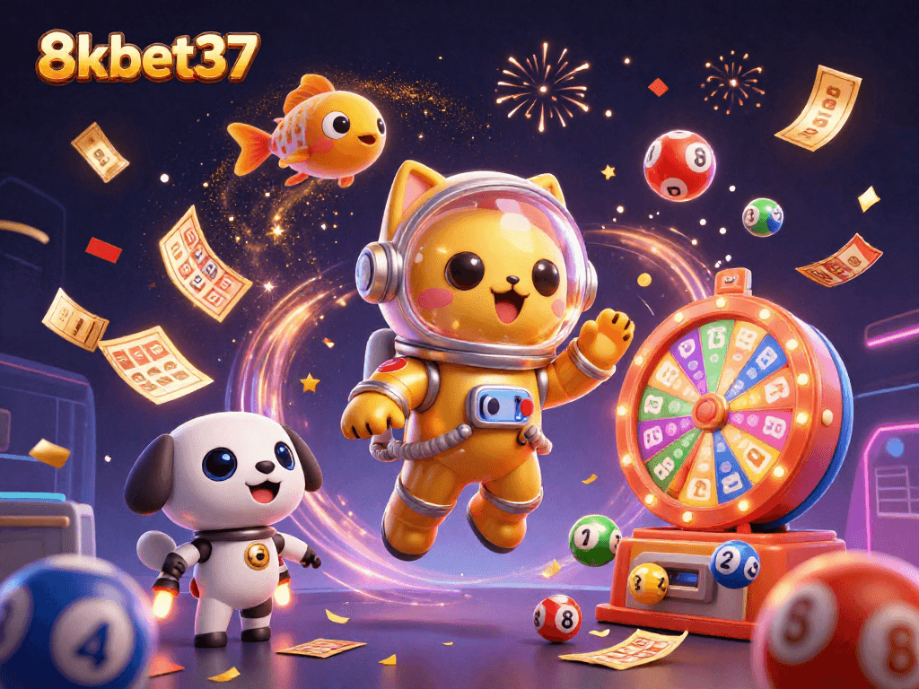Experience exciting gaming at 8kbet37 with an ultra-detailed scene of a space cat and robot dog.