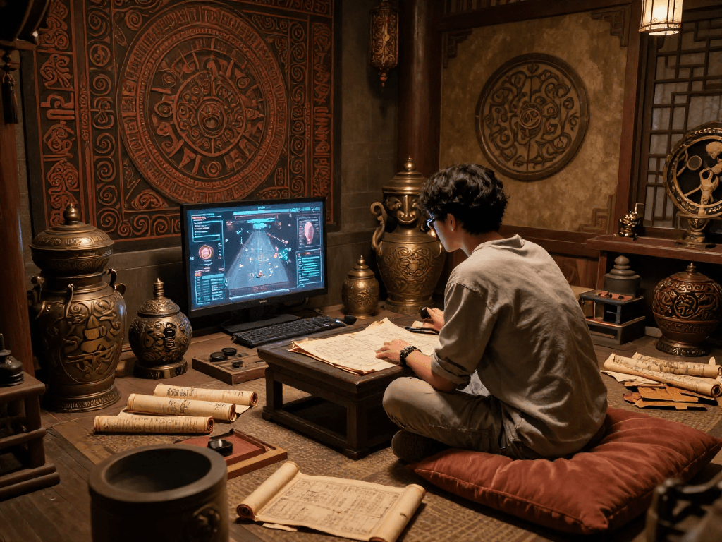 Engaging player exploring the mysterious rokok88 game room filled with ornate decor.