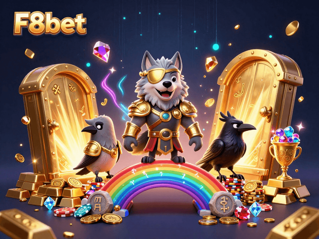 Experience the excitement of F8bet with a vibrant 3D digital casino scene featuring Odin and treasure.