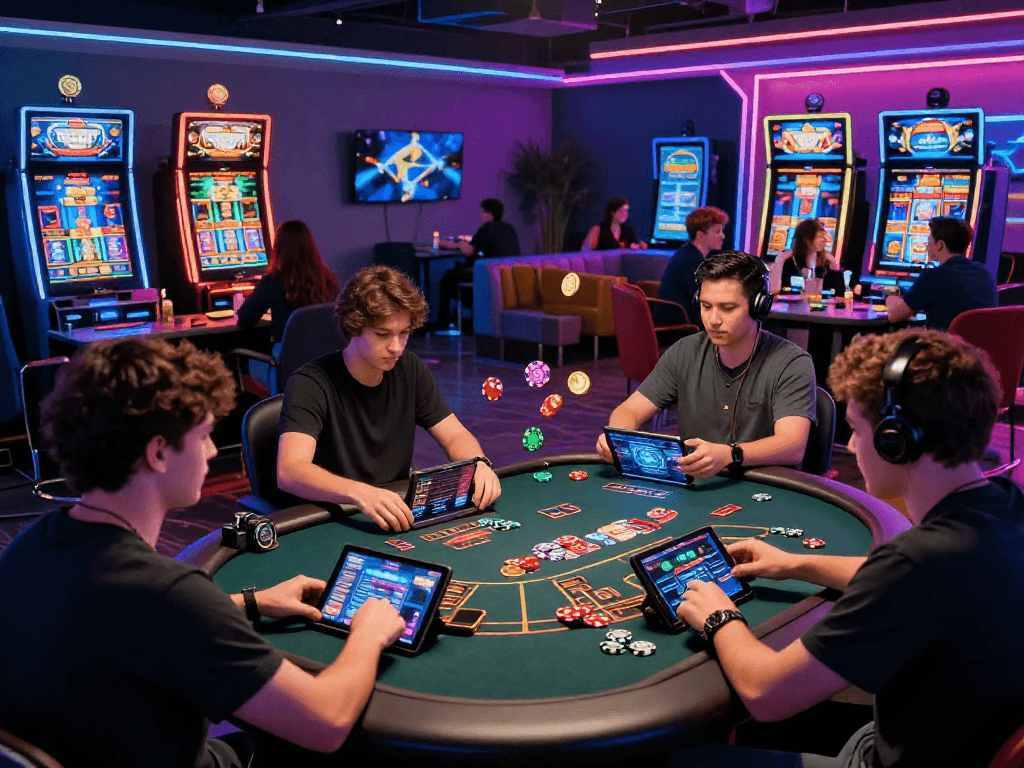 Exciting crypto casino scene showing players engaged in online gaming with vibrant animations and virtual tables.