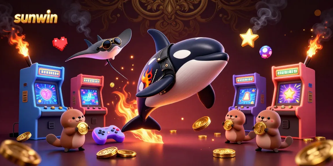 Join the fun with sunwin as the orca, stingray, and otters celebrate winnings in a vibrant casino scene.