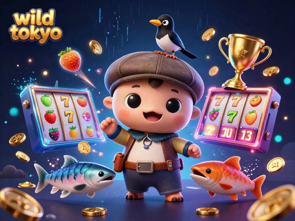Engage with wild tokyo's vibrant theme through this dynamic 3D illustration featuring slots and playful characters.