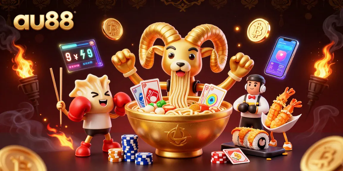 Engage players at au88 with a vibrant 3D casino illustration showcasing gold ramen bowl characters and crypto coins.