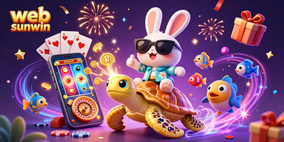 Experience the vibrant world of web sunwin with an adorable lucky rabbit and a gem-encrusted turtle amidst lively gaming action.
