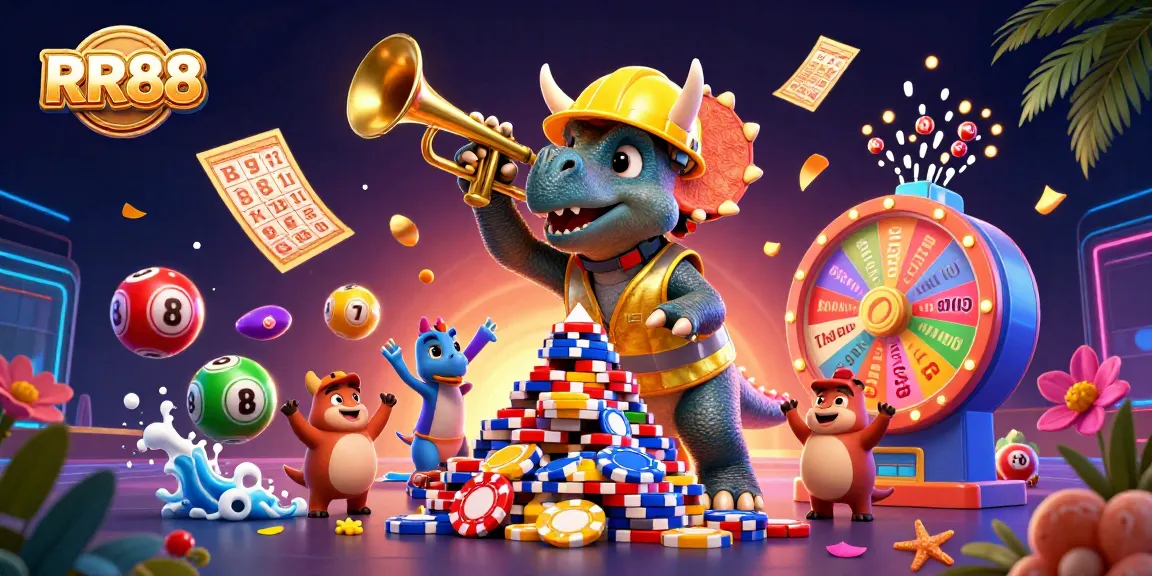 RR88 casino excitement illustrated with a triceratops and colorful game elements in a lively scene