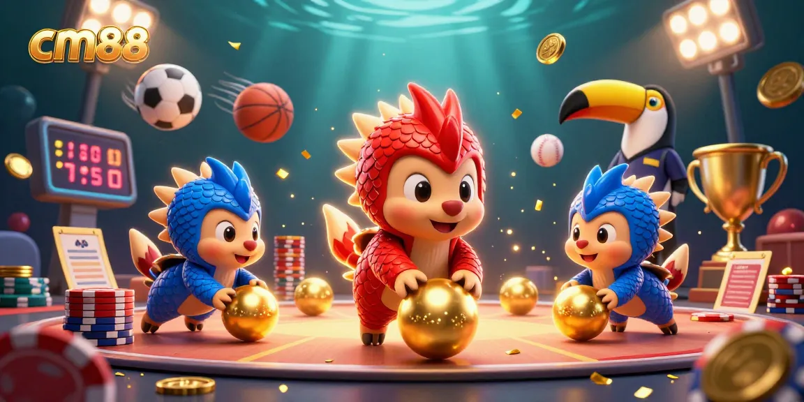 Experience thrilling gameplay with cm88 as pangolins roll into golden coins, hosted by a toucan referee in an energetic casino scene.