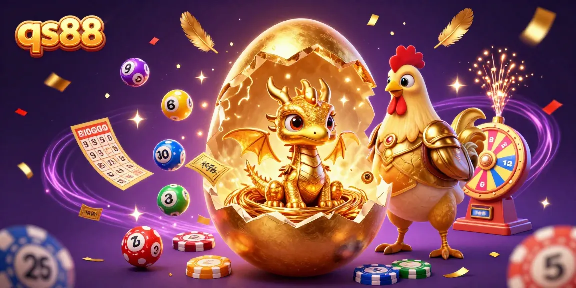 qs88 captivates with a stunning golden dragon emerging from poker chips, amid colorful lottery elements.