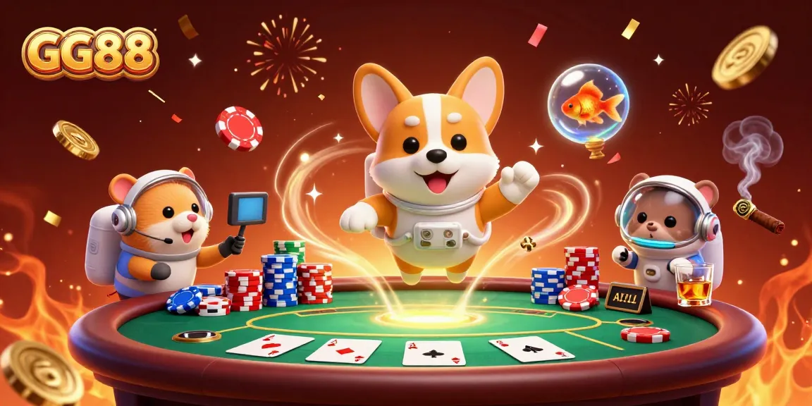 Play and win at GG88 with a vibrant 3D casino scene featuring floating poker chips and a playful astronaut corgi.
