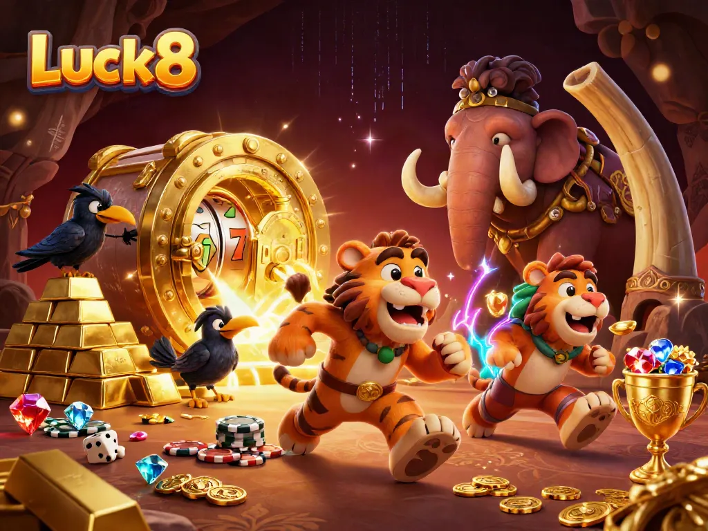 Experience exhilarating gaming action at Luck8 in a dynamic casino scene filled with treasures.