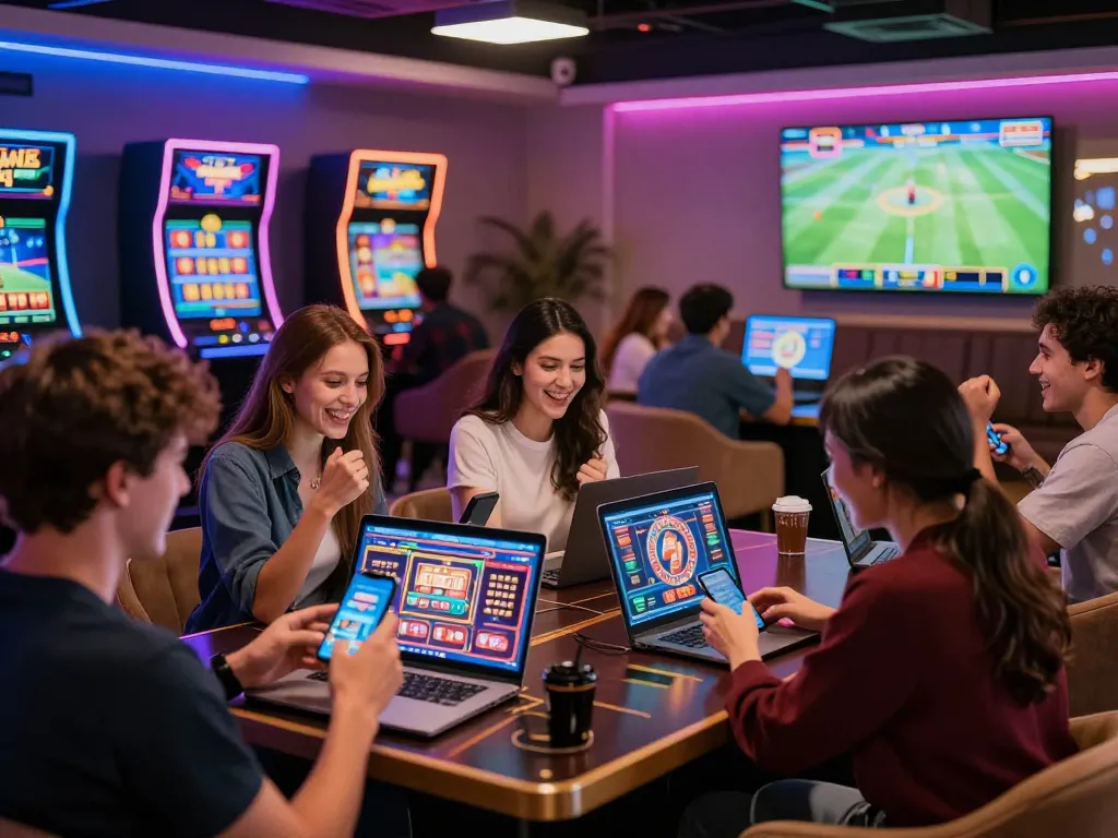 Exciting nk88 online gambling scene with young adults betting on mobile devices in a vibrant lounge.