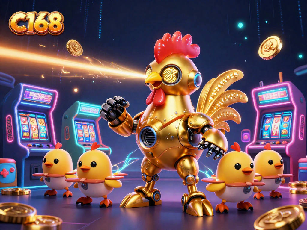 C168 offers exciting gaming experiences with vibrant visuals of a golden rooster robot and baby chick drones.