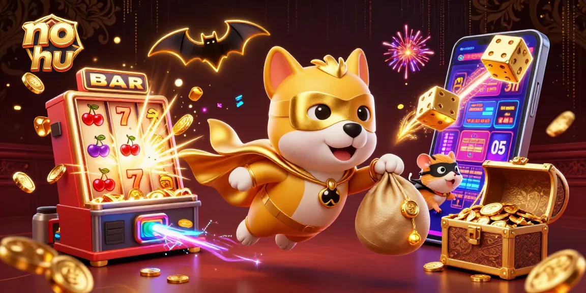 Experience thrilling jackpots at no hu with a cartoon superhero dog and hamster in a vibrant 3D casino scene.