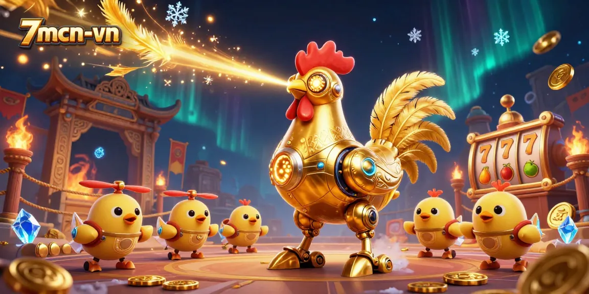 Engage with 7mcn-vn's lively casino scene featuring a golden rooster robot and vibrant slot elements.