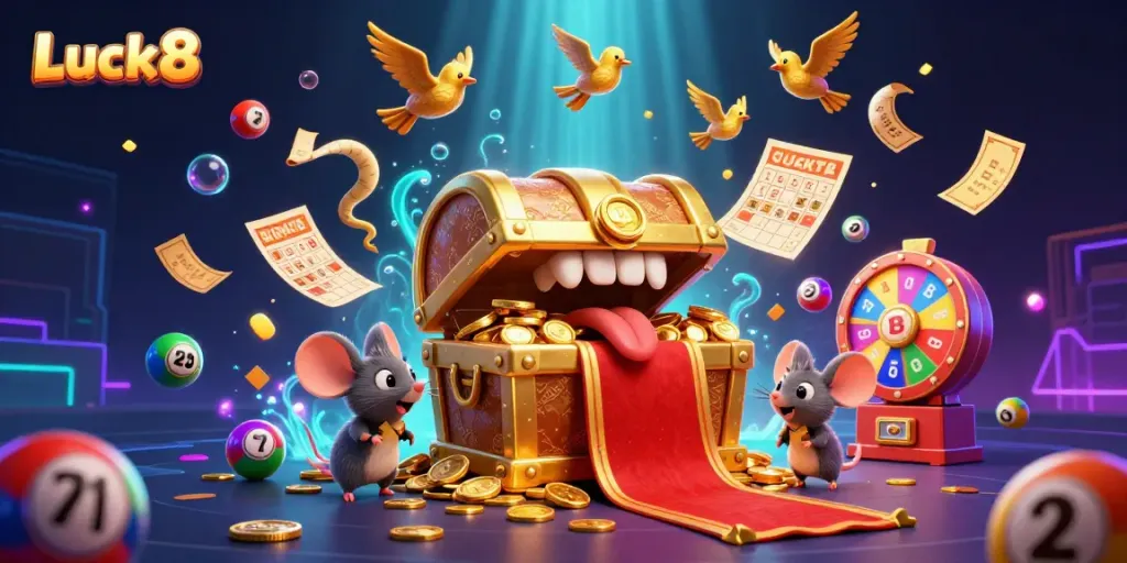 Engage with Luck8's thrilling gambling offers and whimsical gaming adventures in an eye-catching 3D illustration.
