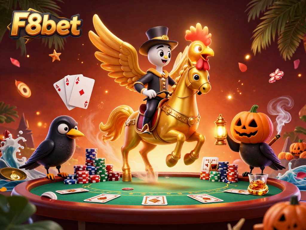 Join the excitement at F8bet with a golden rooster depicting a thrilling casino scene.