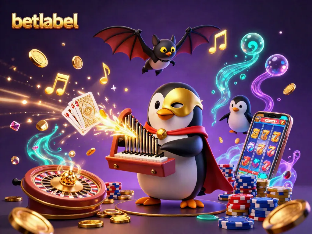 Enjoy golden rewards with betlabel while a penguin plays a pipe organ shooting coins in vivid fantasy