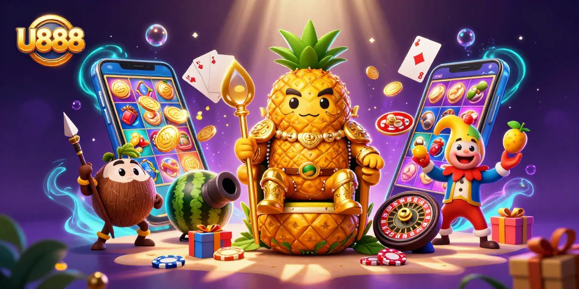 Win big with U888's colorful casino scene featuring a pineapple king and playful elements.
