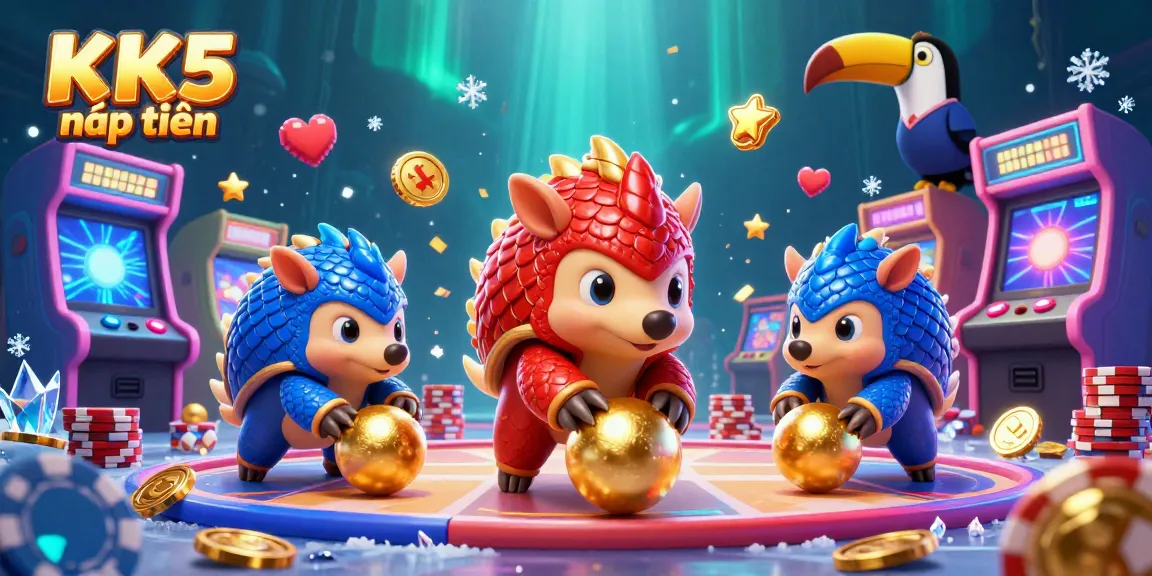 Experience KK5 nạp tiền as rival pangolins engage in a fun casino game amidst vibrant arcade elements.
