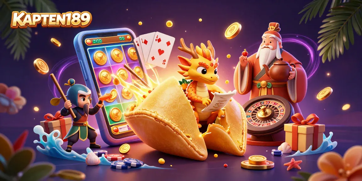 KAPTEN189 menyajikan ilustrasi kasino digital dengan simbol slot yang menyenangkan dan karakter menarik.