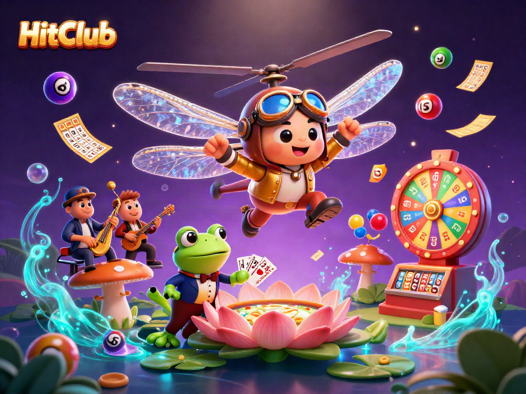 Experience the excitement at HitClub as a dragonfly pilot hovers over a vibrant casino scene with dynamic game elements.