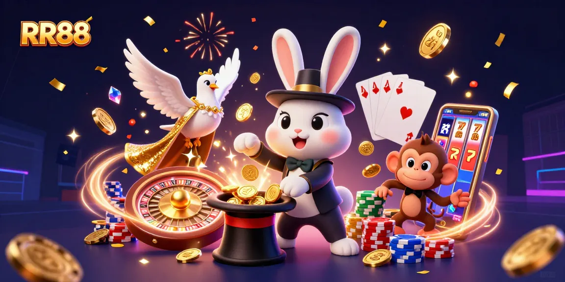RR88 showcases a magician rabbit, coins, and poker chips reflecting thrilling casino gameplay.