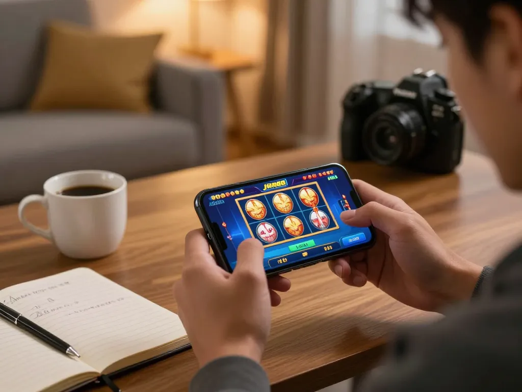Player exploring Jun88 mobile slots experience on smartphone in cozy living room
