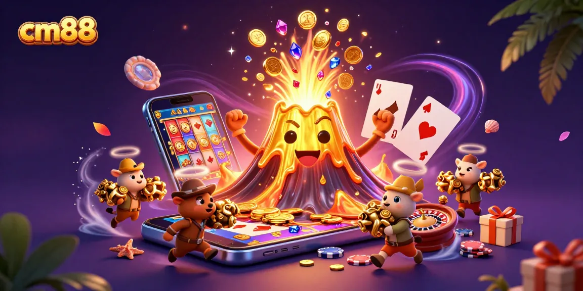 Experience cm88's thrilling slot games with a vibrant eruption of coins and treasure.