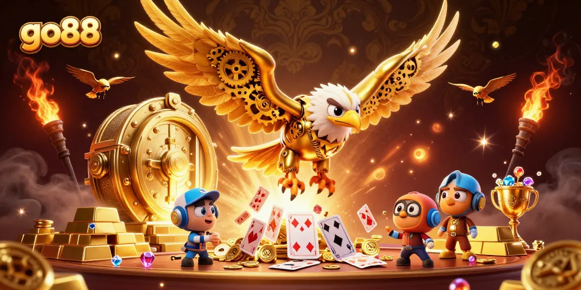 Experience the excitement of go88 with a dynamic 3D illustration showcasing a golden eagle surrounded by holographic cards and treasure.