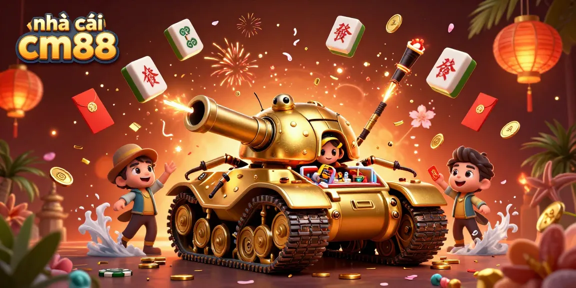 Engage with nhà cái cm88 in an ultra-detailed 3D scene featuring vibrant casino elements and festive decorations.