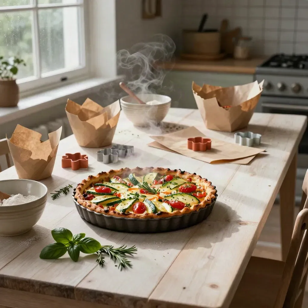 Torta salata alle verdure con erbe, formine e ritagli di carta su tavolo di legno dopo la pioggia.