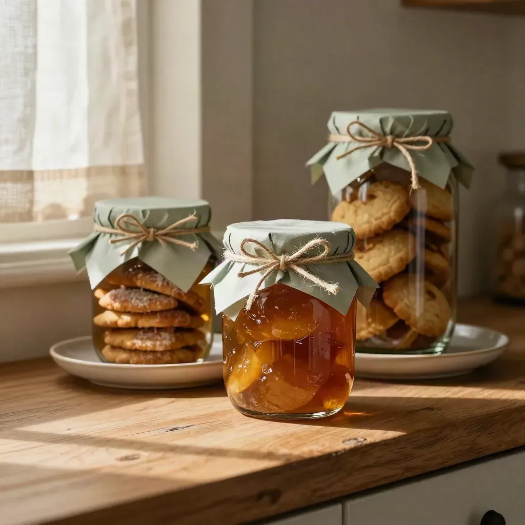 Tre vasetti regalo con biscotti e confettura su mensola in legno, luce morbida.