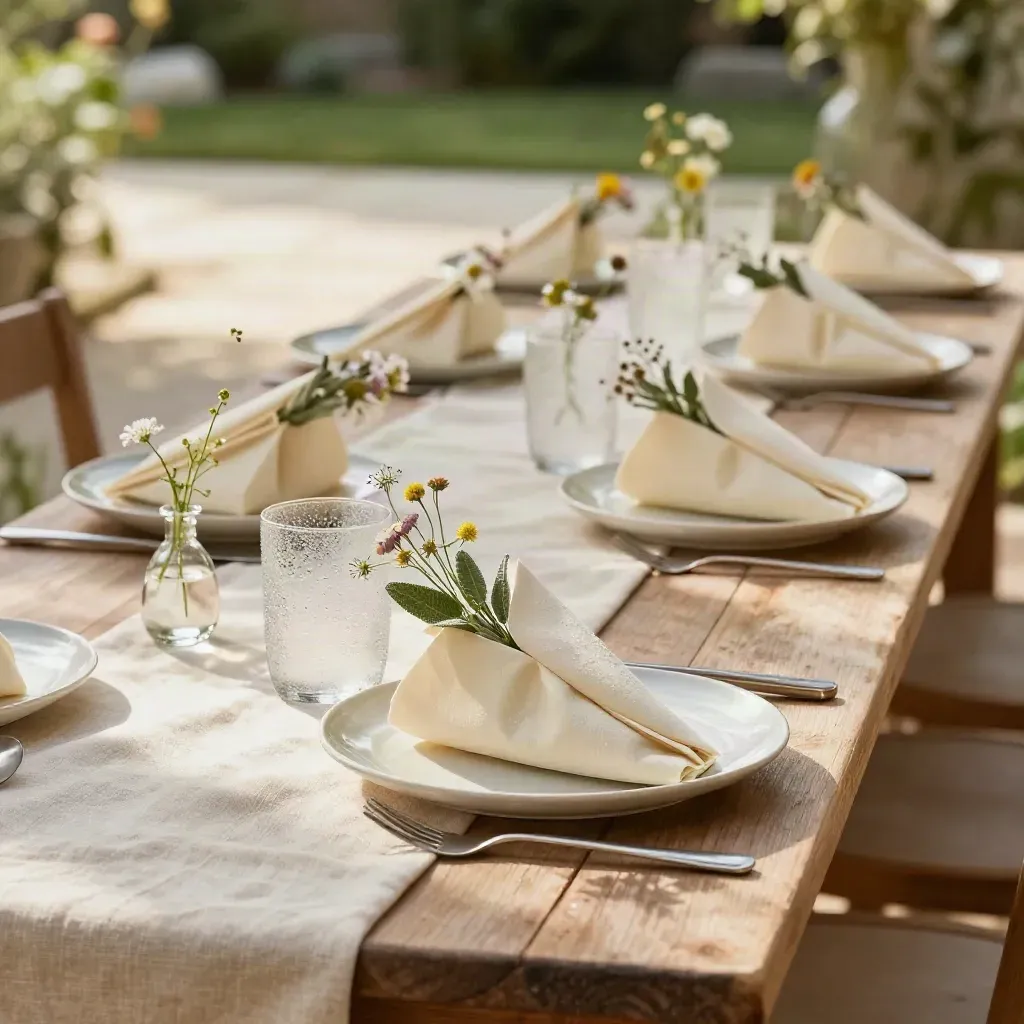 Segnaposti floreali, vasetti di fiori di campo e bicchieri opachi su tavola da brunch in giardino.