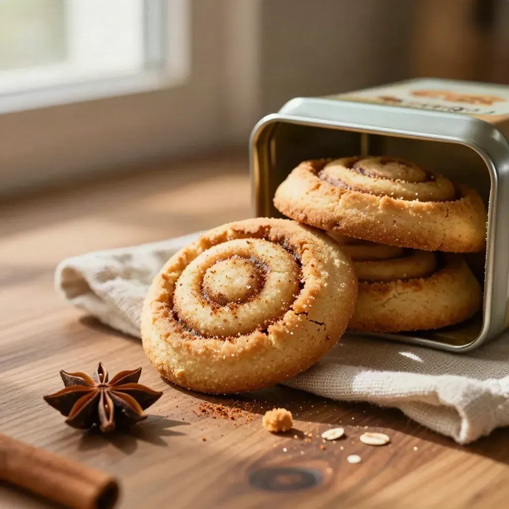 Biscotti alla cannella in scatola di latta aperta con spezie e lino.
