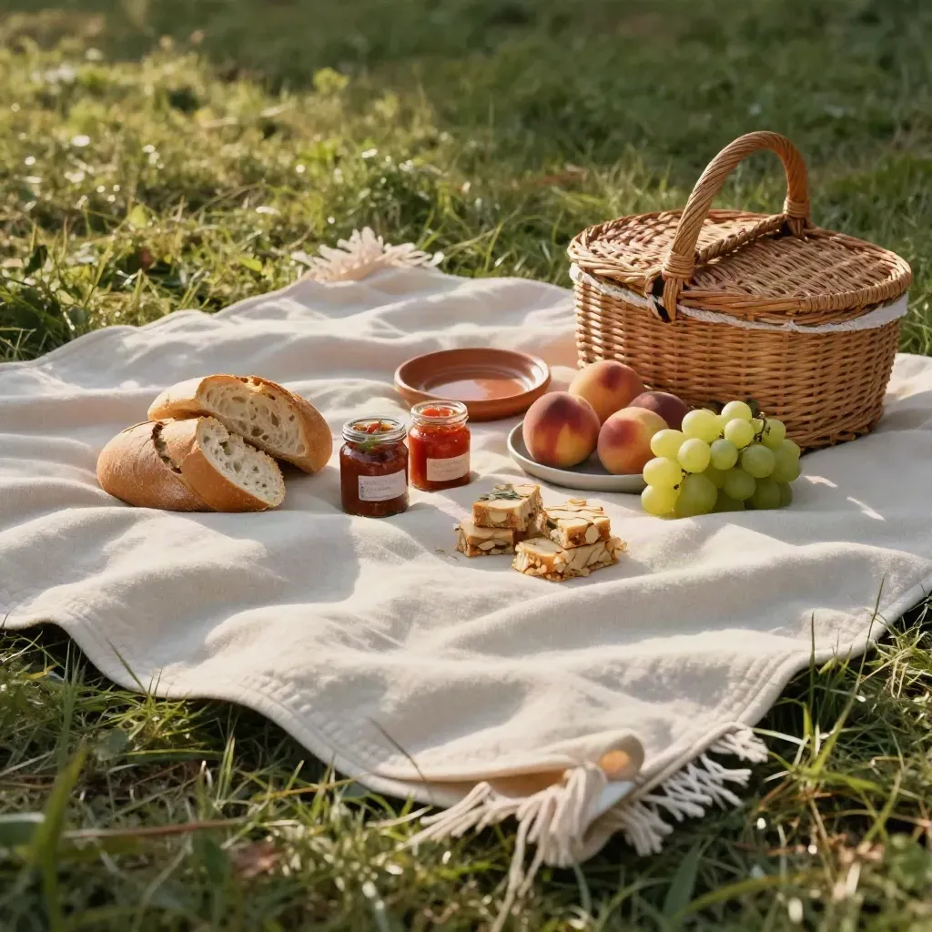 Snack da picnic con pane, salse, frutta e dolci semplici su coperta nel prato.