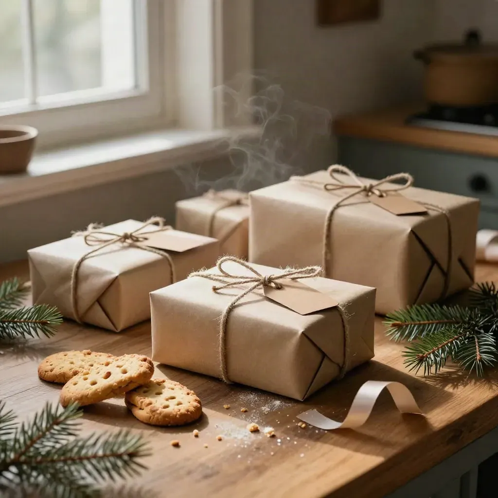Pacchi regalo natalizi su tavolo di cucina con biscotti, nastri e rami di pino
