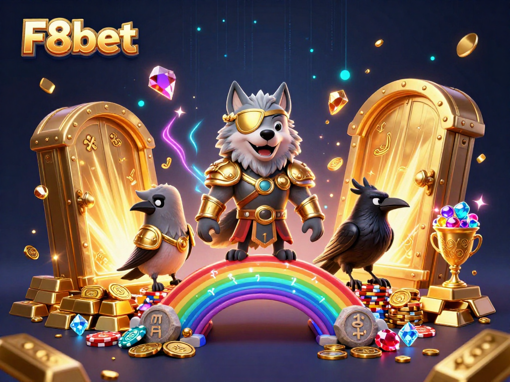 Experience the excitement of F8bet with a vibrant 3D digital casino scene featuring Odin and treasure.