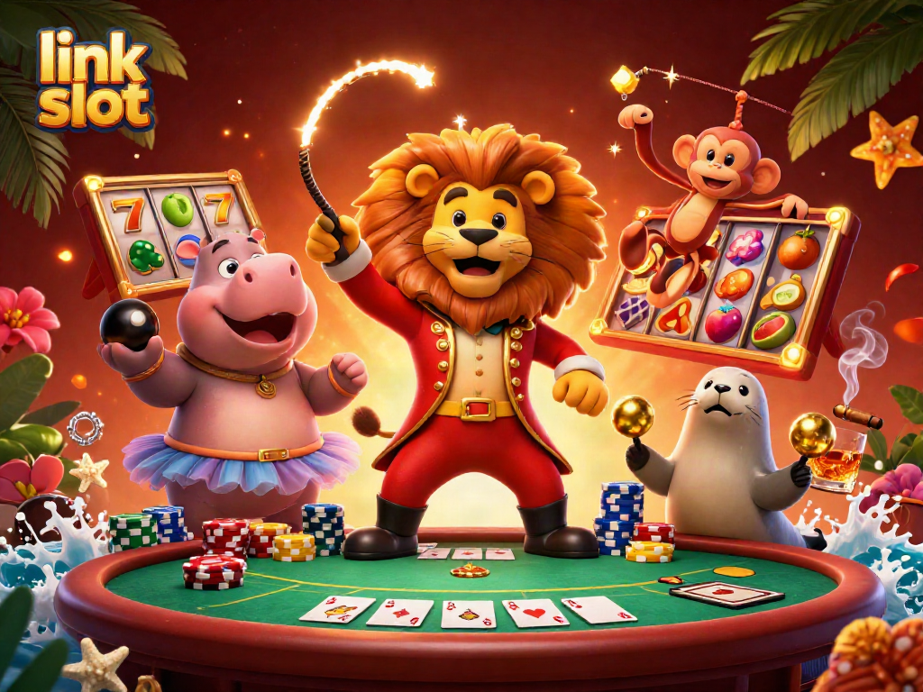 Experience the thrill of link slot gaming with vibrant characters and dynamic casino elements.