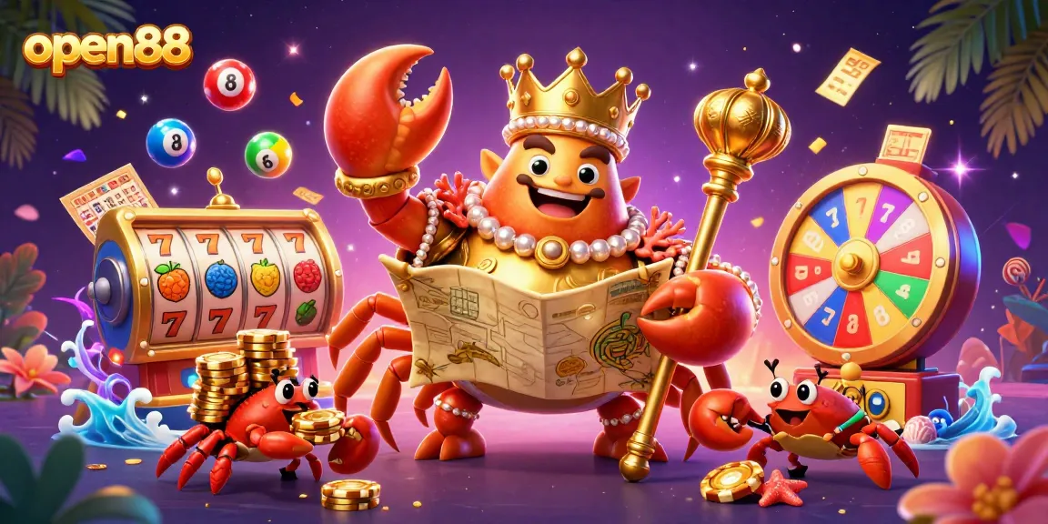 Experience the excitement of open88 as the golden crab emperor leads a treasure-filled scene with slot reels and lively game elements.