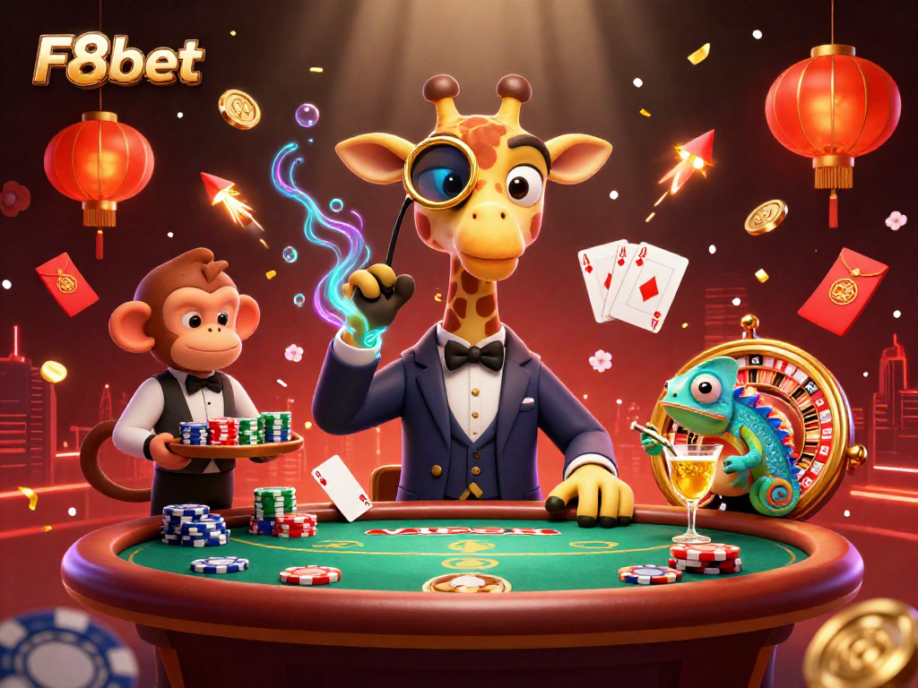 Engage with F8bet's vibrant casino scene featuring a high-roller giraffe, poker elements, and festive decorations.