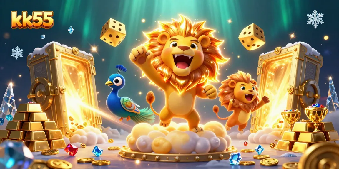 Spin the reels at kk55 with a dazzling 3D illustration of a roaring sun lion amidst golden treasures.