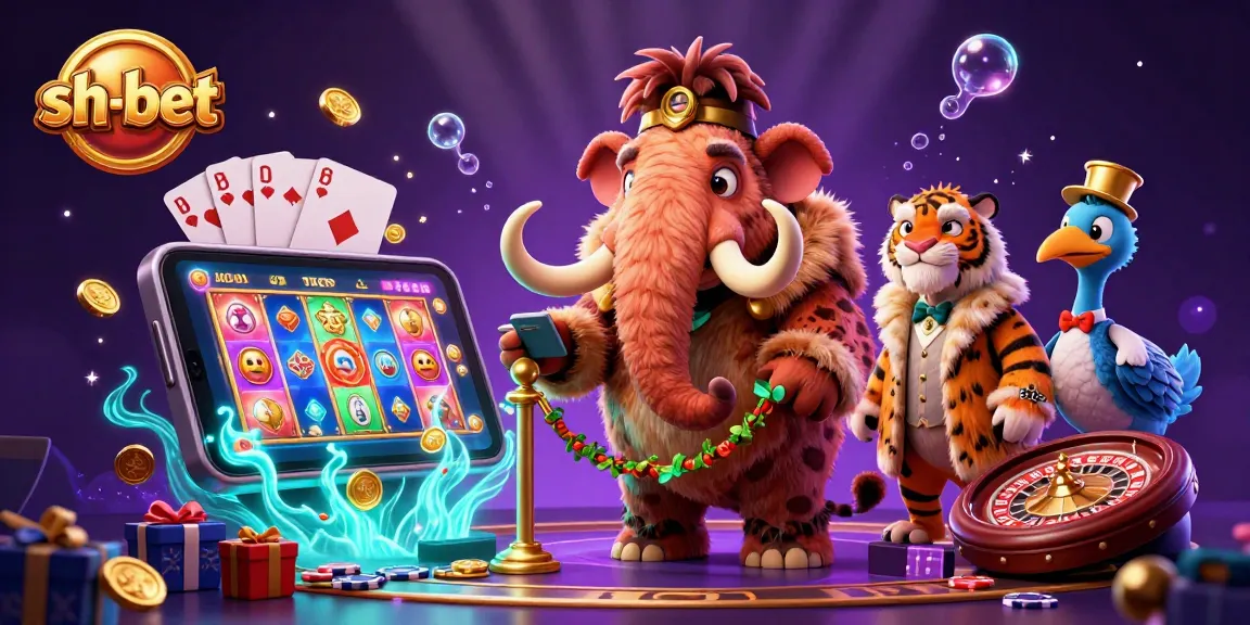 Experience the thrill of the sh-bet casino with a woolly mammoth bouncer, saber-tooth tiger VIP, and dodo doorperson amid rich gaming elements.