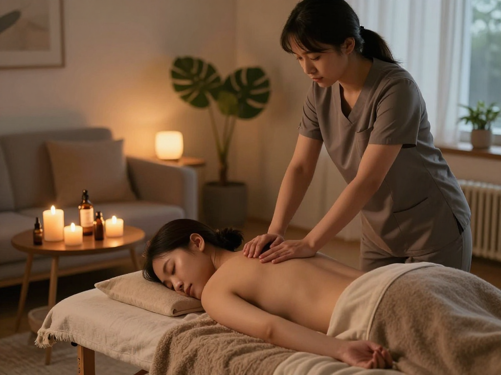 Relaxing 구리출장마사지 session in a cozy home setting with soft lighting.