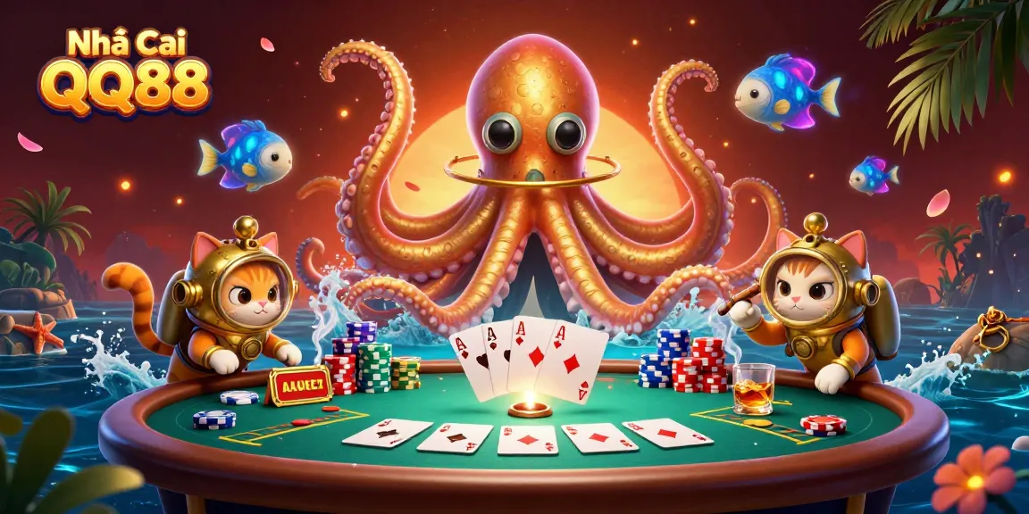 Engage with Nhà Cái QQ88's vibrant underwater scene featuring a colossal kraken and a vintage diving cat.